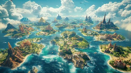 layered background where each continent is represented by its unique terrain and iconic structures.