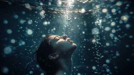 Fototapeta premium A conceptual image of a person submerged underwater, looking up toward the light while bubbles escape from their mouth.