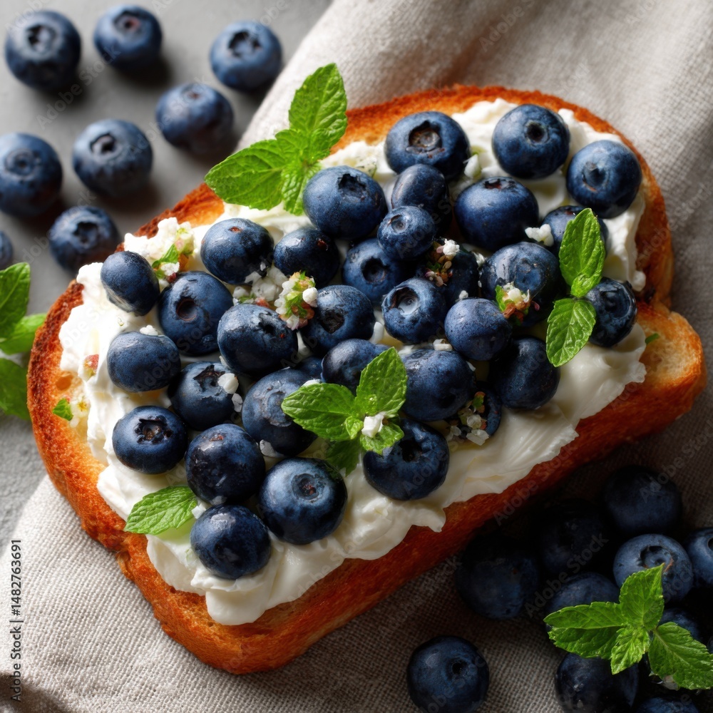 Poster blueberry toast close up overhead shot with fresh mint and cream cheese on linen background simple h