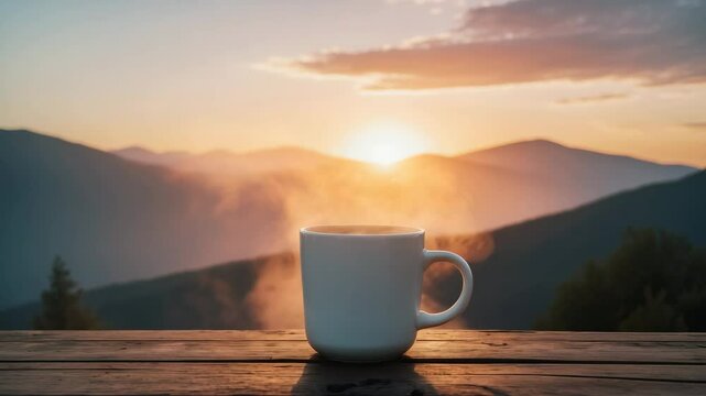 Dawn mountain backdrop with a coffee cup