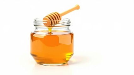 A glass jar filled with golden honey and a wooden dipper against a white background.