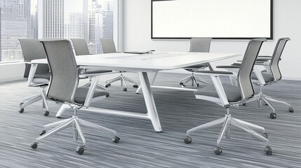 Modern office meeting table, chairs, city view