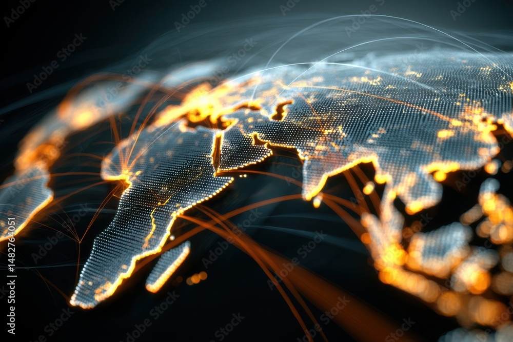 Poster Global Network Connection Visualization with Dotted World Map and Orange Data Streams High Angle