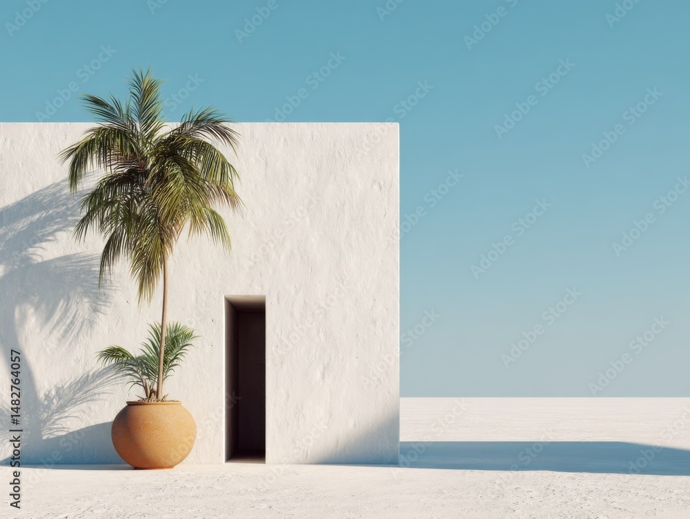 Poster minimalist architecture with palm tree in pot against white wall and blue sky in sunny weather
