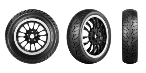 motorcycle tire , scooter tire and wheel Set photo side view isolated on background.