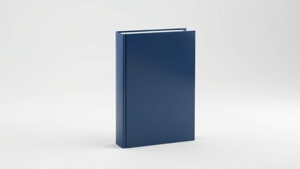 A plain blue hardcover book stands upright against a minimalist white background.