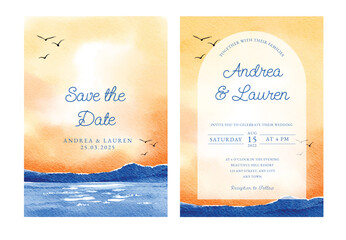 Beautiful sunset beach wedding watercolor template for wedding card invitations