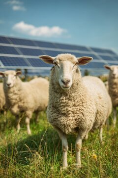 Sheep grazing near solar panels on sunny day close up view of sustainable agriculture and renewable energy farm concept