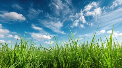 Fototapeta premium Low Angle View of Green Grass Field Against a Blue Sky with Clouds on a Sunny Day in the Countryside