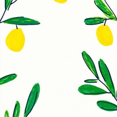 Cheerful illustration showcasing citrus fruits and green leaves on a plain white backdrop. Simple, hand drawn style.