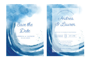 set of blue waves watercolor wedding invitation template