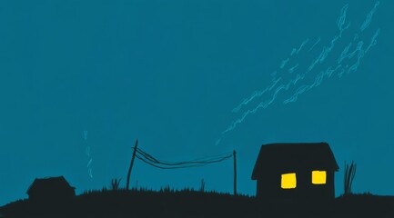 Night scene illustration depicting a small house with illuminated windows, power lines, and a dark blue sky featuring light trails, possibly representing stars or fireflies.