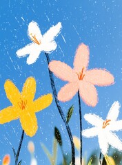 Pastel colored flowers against a blue sky, childlike drawing style, soft focus, slightly blurry background.