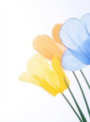 Close up of three pastel colored flowers, light blue, orange, and yellow, with a sparkling texture against a white background. Soft lighting enhances the delicate details.