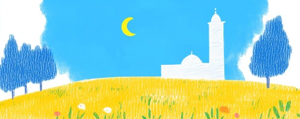 Serene landscape painting featuring a white building, yellow field, blue trees, and a crescent moon in a light blue sky. 