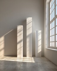 Fototapeta premium Minimalist interior with three white pillars and sunlight streaming through window in empty room