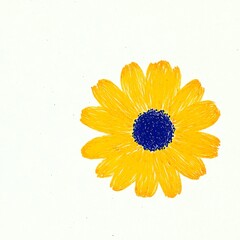 Close up view of a single yellow flower with a dark blue center, set against a plain white background. The flower has multiple petals and appears hand drawn or painted.