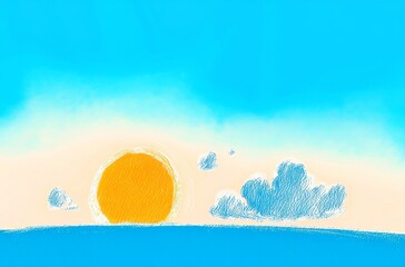 A vibrant illustration of a sunrise over a calm ocean. Warm toned sun, a clear blue sky, and stylized clouds create a peaceful and serene mood.