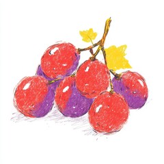 Vibrant illustration of red and purple grapes on the vine with yellow leaves. The style is reminiscent of crayon or pastel drawing.  The image is set against a white background.
