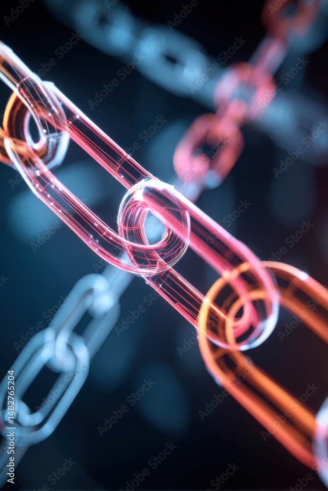 Poster Abstract Glowing Chain Links Connecting in a Network Close Up Digital Art Style on Dark Background