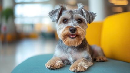 Adorable Yorkshire Terrier Puppy Relaxing on Teal Sofa