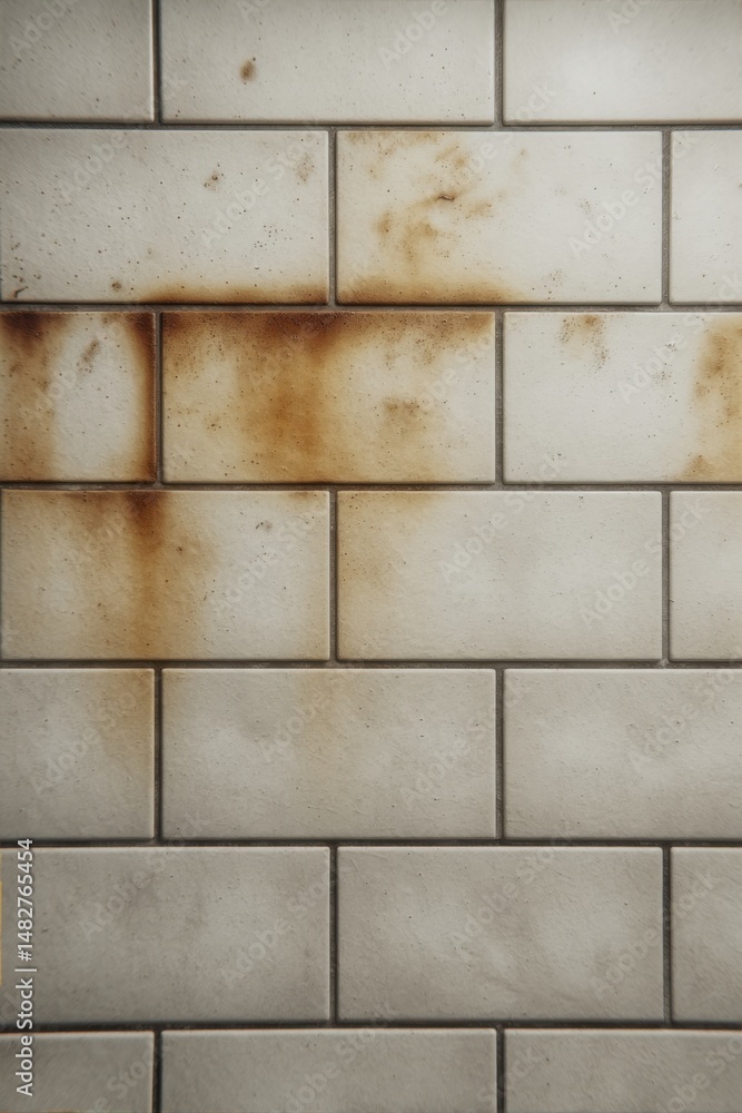 Poster close-up of rectangular white tiles with brown stains and dark grout lines in a vertical arrangement