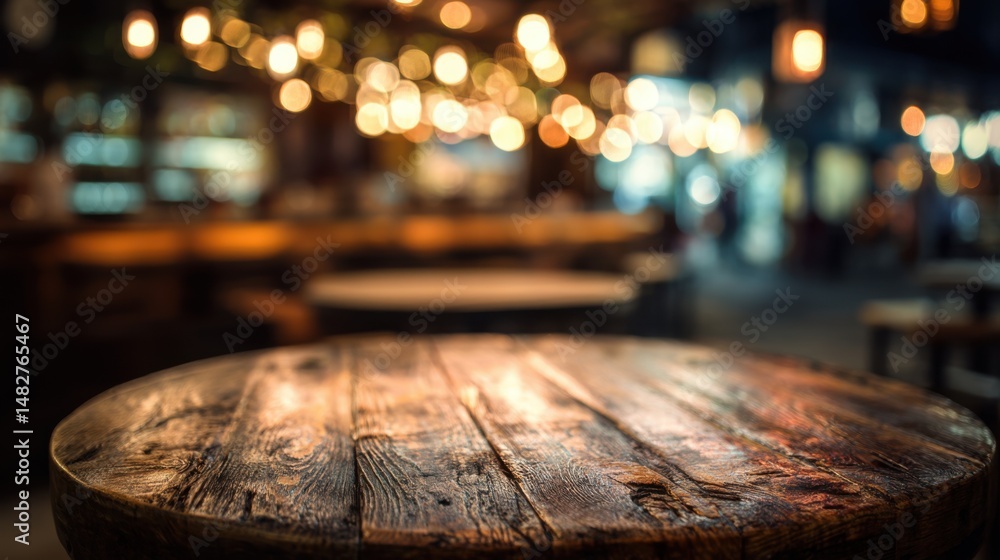 Aufkleber rustic wooden table surface with blurred restaurant background and bokeh lights in warm tones for pr