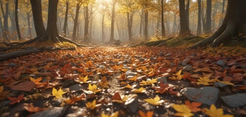 Autumn leaves scattered on forest floor, sunlight dappled , brown, sunlight, grateful
