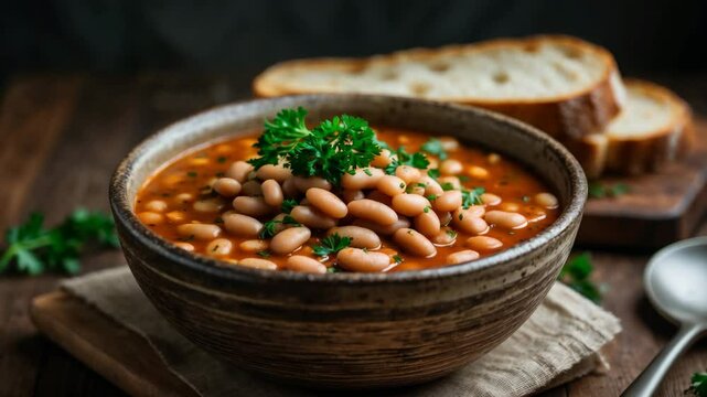A comforting and warm legume soup served in a rustic bowl, featuring beans, topped with fresh parsley and toasted bread slices. Homey feel, comfort food themes