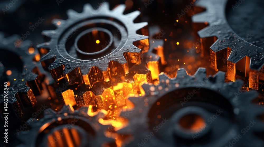 Fototapete close-up of interlocking gears with warm lighting and metallic texture showing motion and engineerin