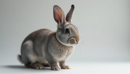 Obraz premium Grey rabbit stares intensely, soft fur, neutral background , grey, rabbit