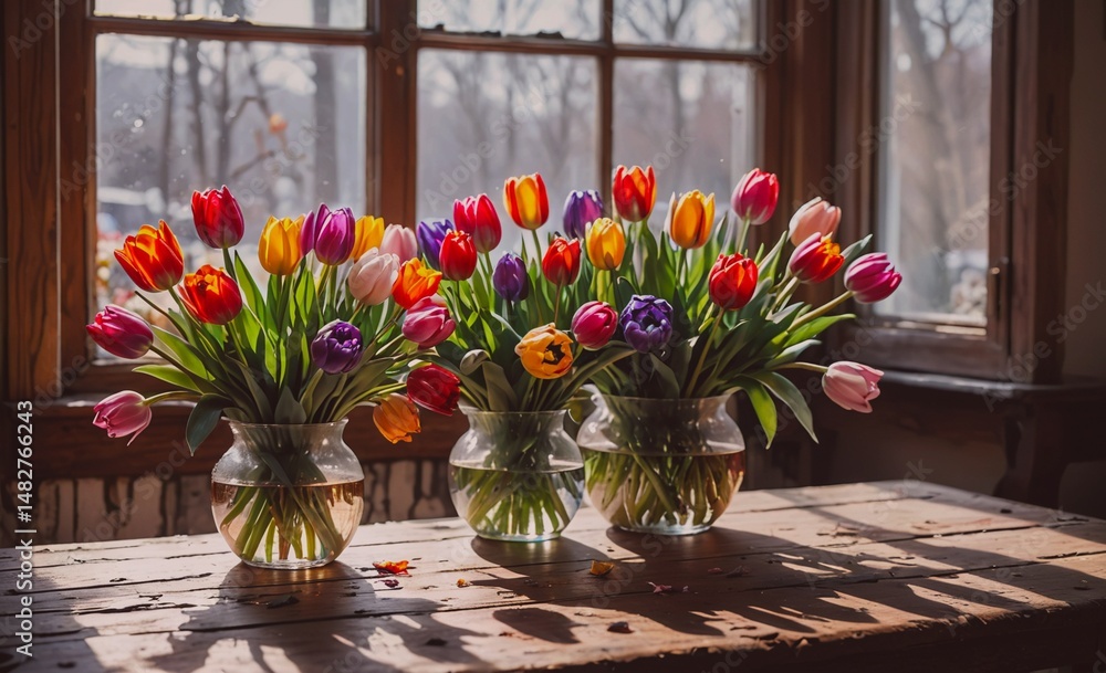 Aufkleber Three vases of tulips are arranged on a wooden table. The vases are filled with water and the tulips are in full bloom, creating a colorful and vibrant display