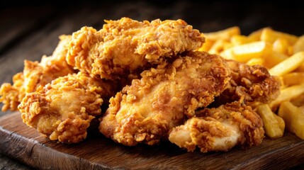 Golden Fried Chicken Tenders with Crispy Fries on Rustic Wooden Board Close Up Food Photography