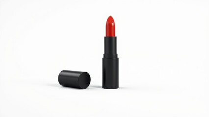 Fototapeta premium A classic red lipstick with a black case and cap set on a plain white background.