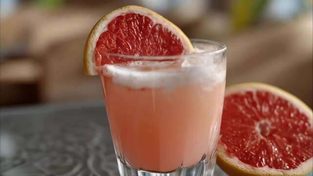 Fresh grapefruit cocktail in a glass with slice of grapefruit on a patterned surface, refreshing beverage, close up