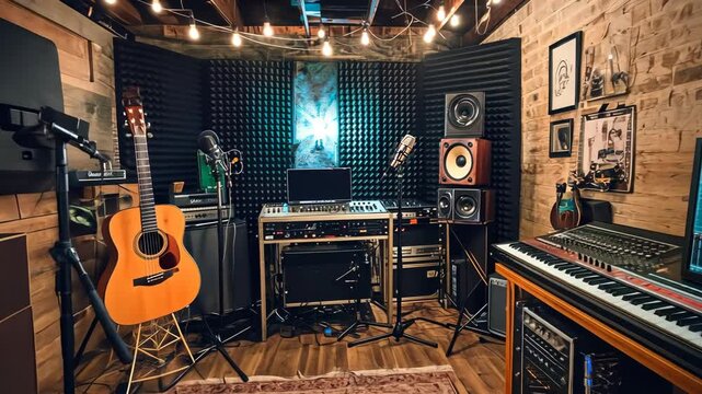Cozy home recording studio with acoustic panels and instruments in warm lighting