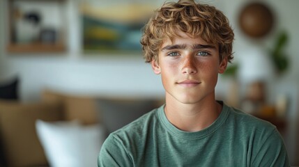 Obraz premium Portrait of a Teenage Boy with Curly Hair