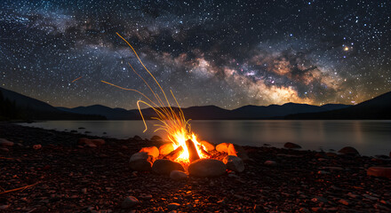 Bonfire Sparks Illuminate Rocky Shore Under Starry Sky at Night With Dark Silhouette of Distant Mountains Reflecting on the Calm Lake Water