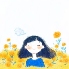 Young person surrounded by flowers, a peaceful scene, soft light, illustration style. Blue top, dark hair, simple background.
