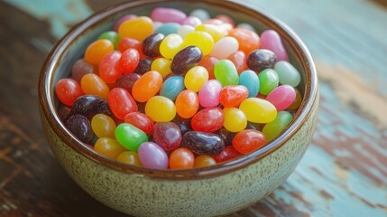 lively mix of colorful jelly beans, neatly piled in a rustic ceramic bowl for a cheerful snack display.
