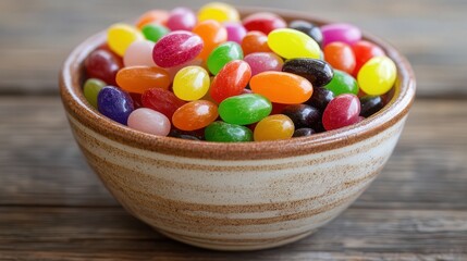 lively mix of colorful jelly beans, neatly piled in a rustic ceramic bowl for a cheerful snack display.