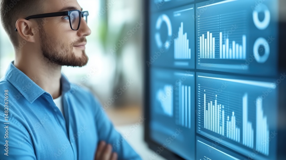 Poster data analyst observing charts and graphs on screens in modern office space during daytime