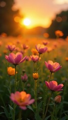 Fototapeta premium Golden hour illuminates blooming meadow, sunrise hues , rural, botany