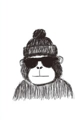 Stylish monochrome illustration of an ape wearing a warm hat and sunglasses against a white background.