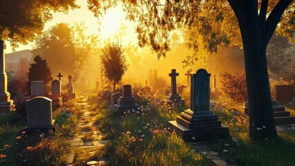 Golden sunrise illuminates serene cemetery with mystical atmosphere - Powered by Adobe