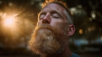 A bearded man meditating peacefully in a sunlit park with his face raised to the sky, eyes closed in deep concentration.