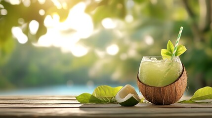 Green coconut with straw sits ready on table, palm fronds above, blurry sea scene behind.