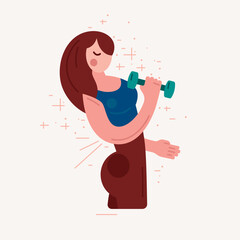illustration of a fitness woman training with dumbbells. Flat graphic style for your design. Color print on light background