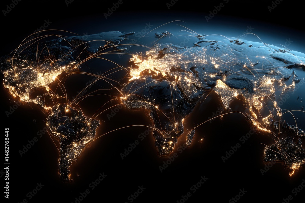 Aufkleber global network connections radiating across the world map from space perspective showing modern comm