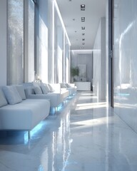 Bright modern waiting area with minimalist white sofas and marble floor in luxury hotel or spa low angle